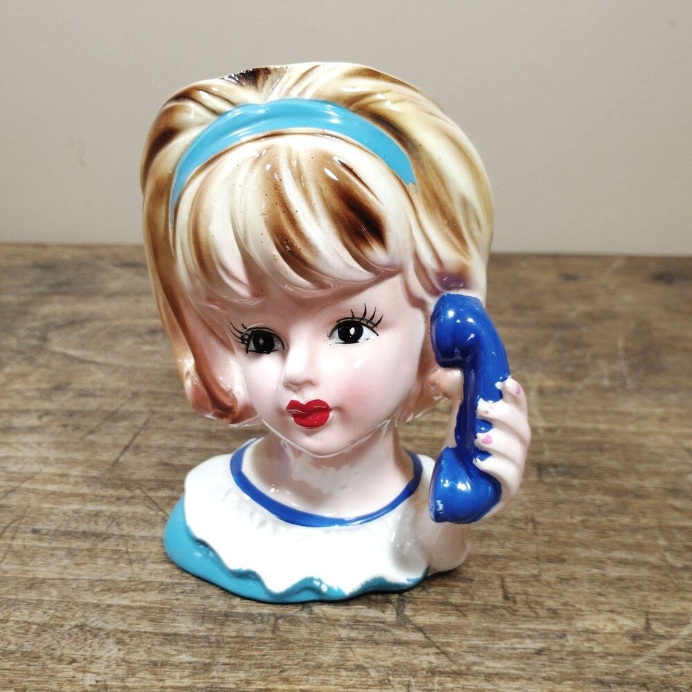 Vintage Lady Head Vase Teenager Inarco E-3548 Telephone Planter Retro Japan